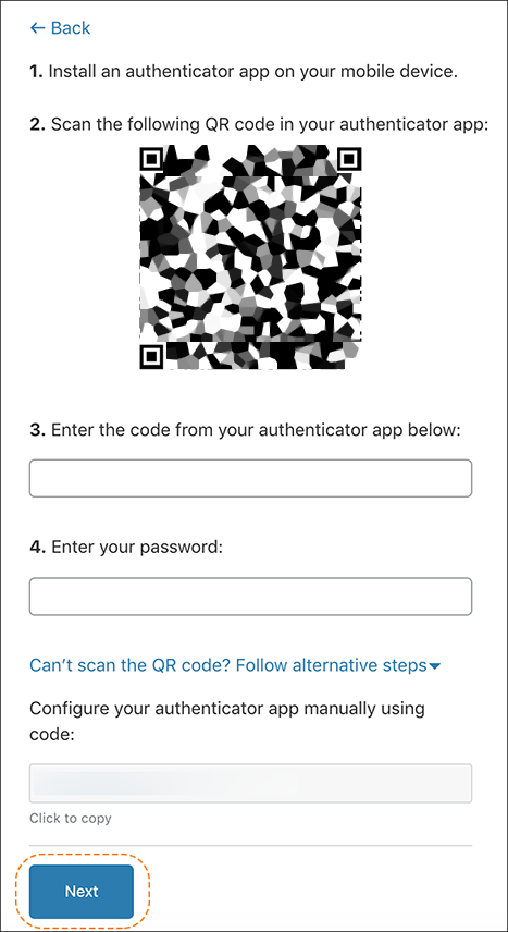 captura de tela de uma tela com instruções sobre como ativar o 2FA, digitalizando um código QR com seu dispositivo móvel