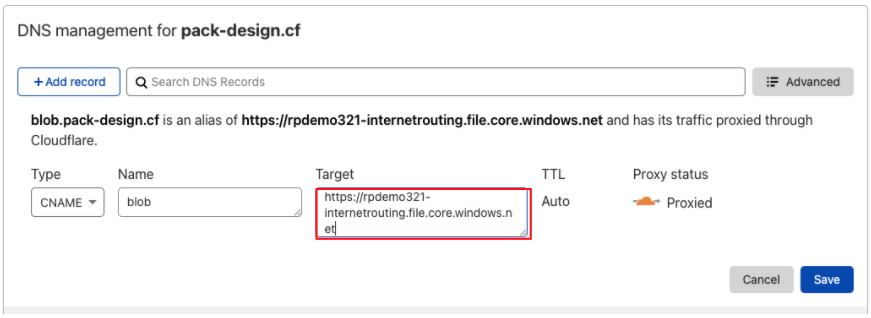 Example of where to enter endpoint URLs from Microsoft Azure into your Cloudflare dashboard.