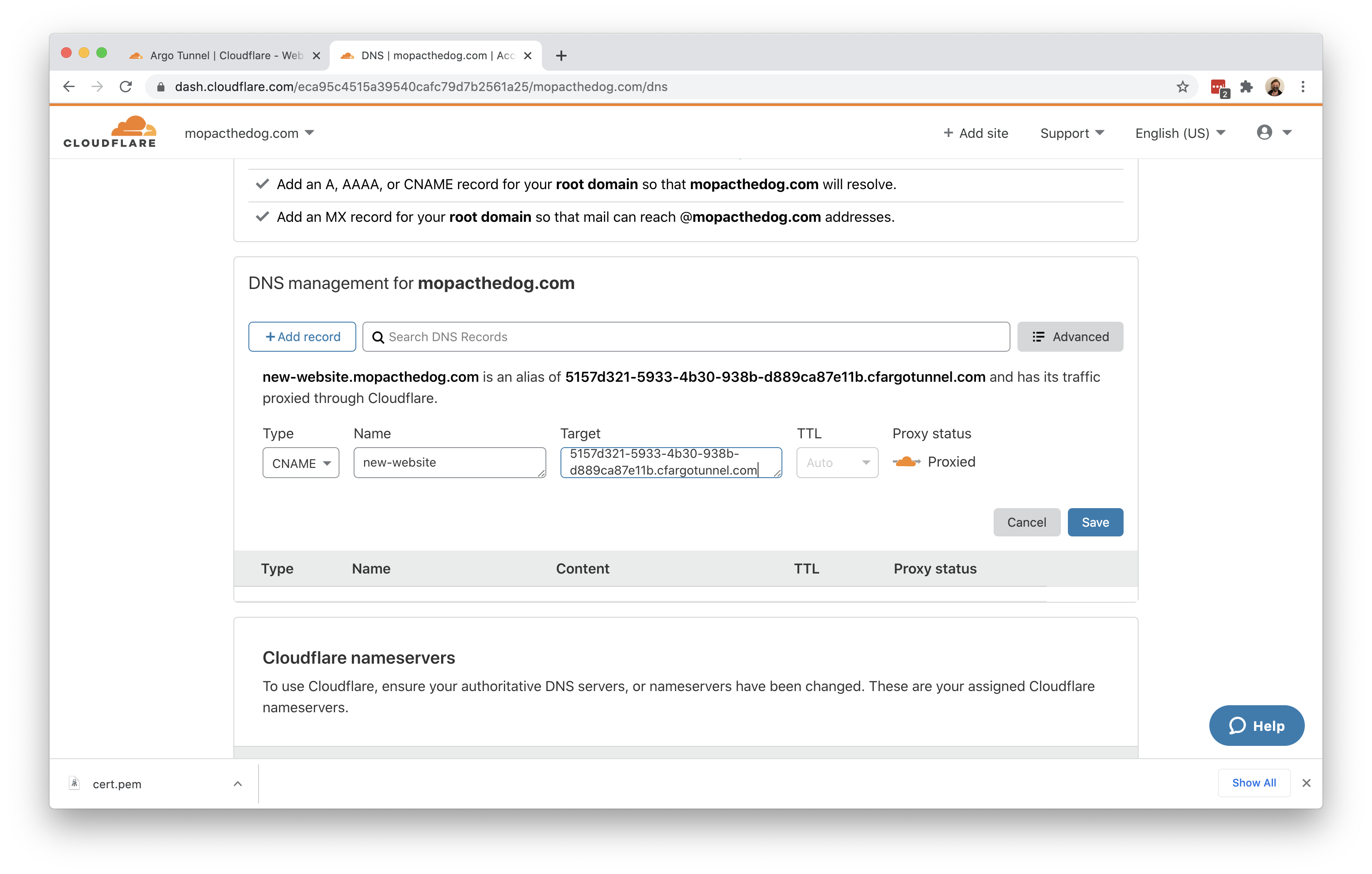 Example of Cloudflare DNS configuration.