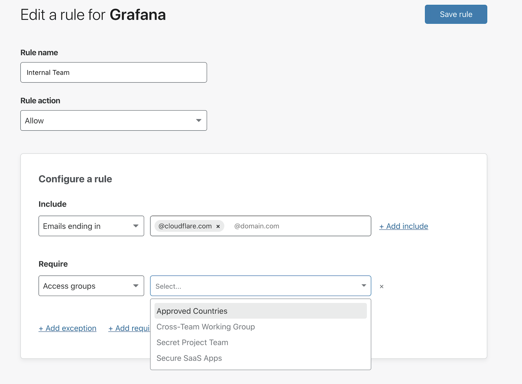 Configuration for adding access to a previously generated list of approved countries.