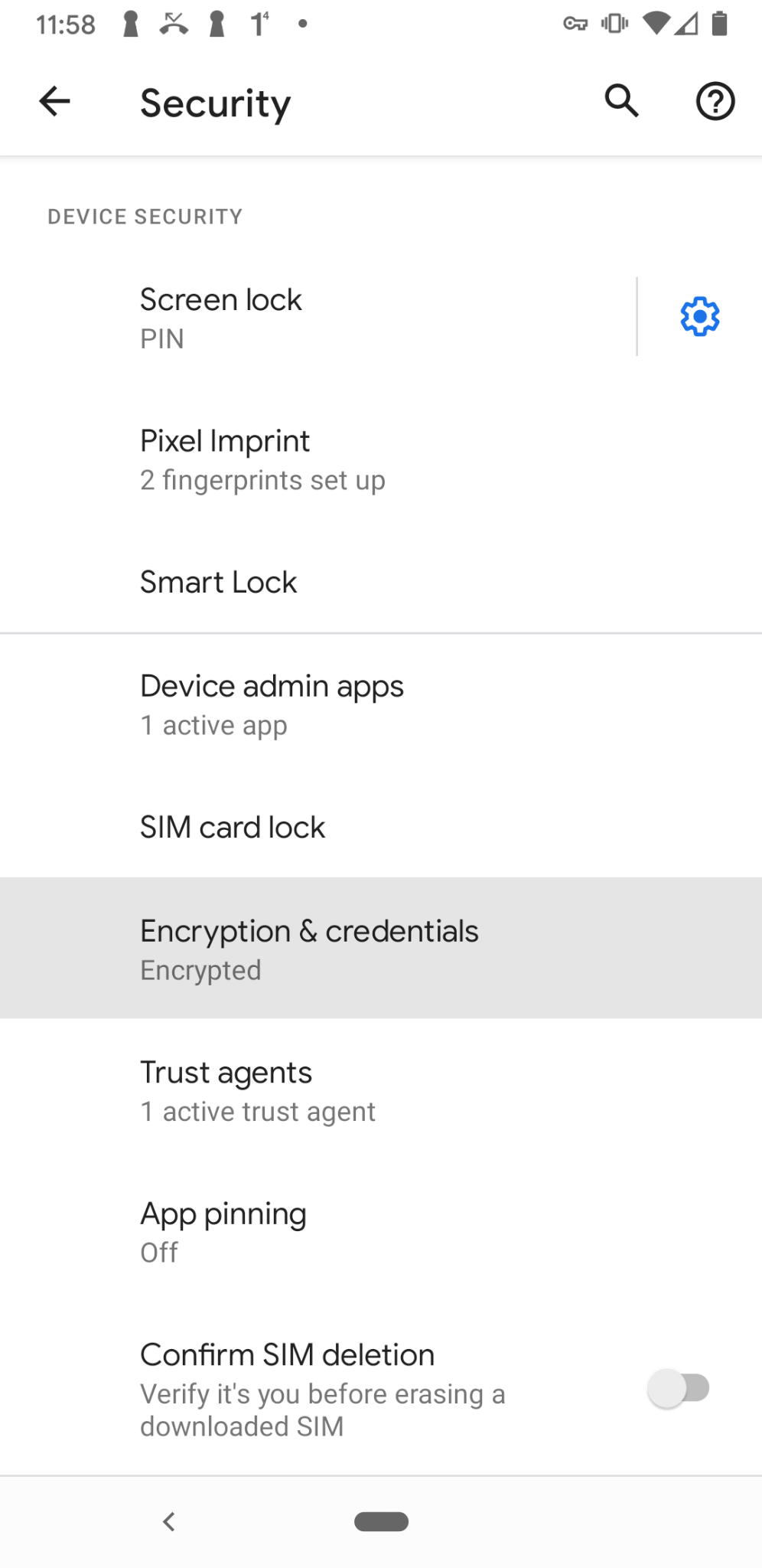 Android <strong>Security</strong> screen after expanding <strong>Advanced</strong> menu