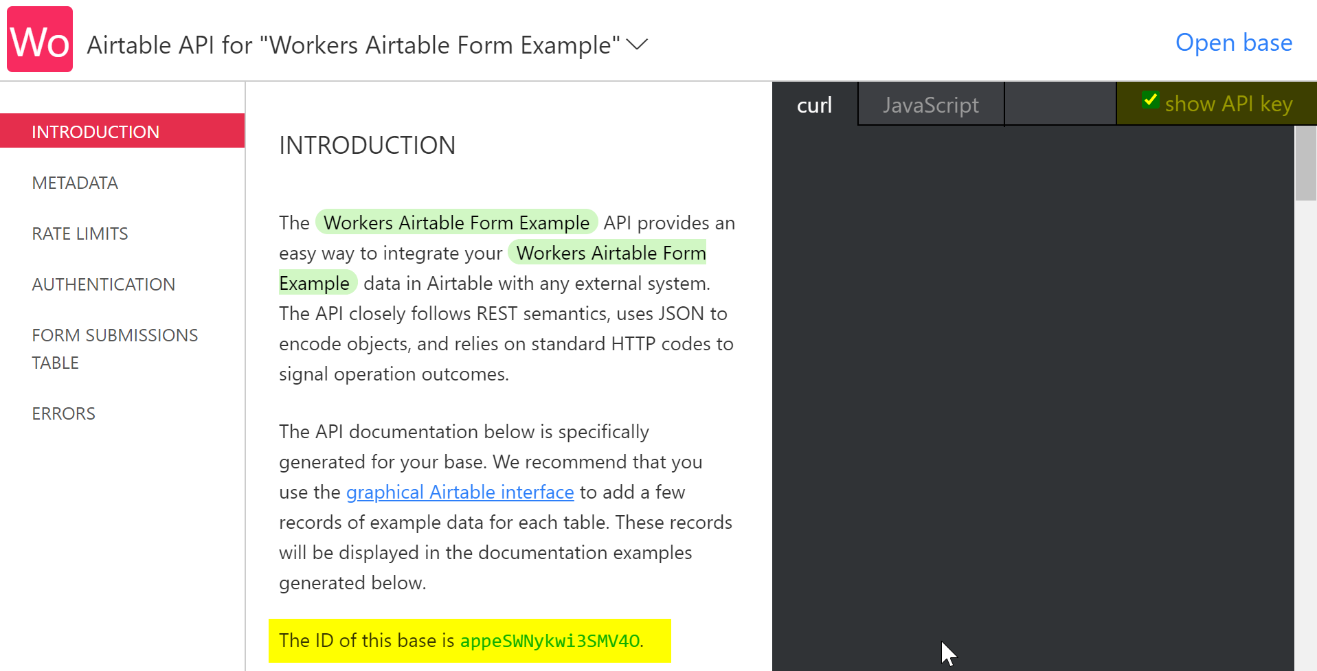 The Airtable API documentation for a base, with the Airtable Base ID and a toggle for showing your Airtable API key highlighted