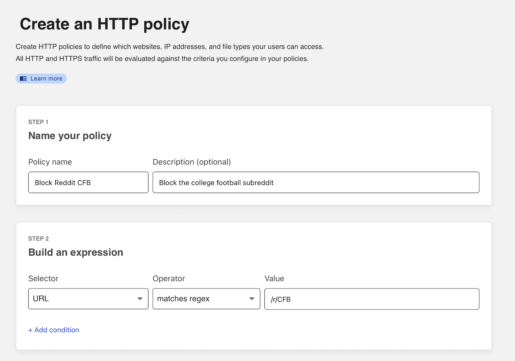 An example of settings that allow users to block a specific URL string.