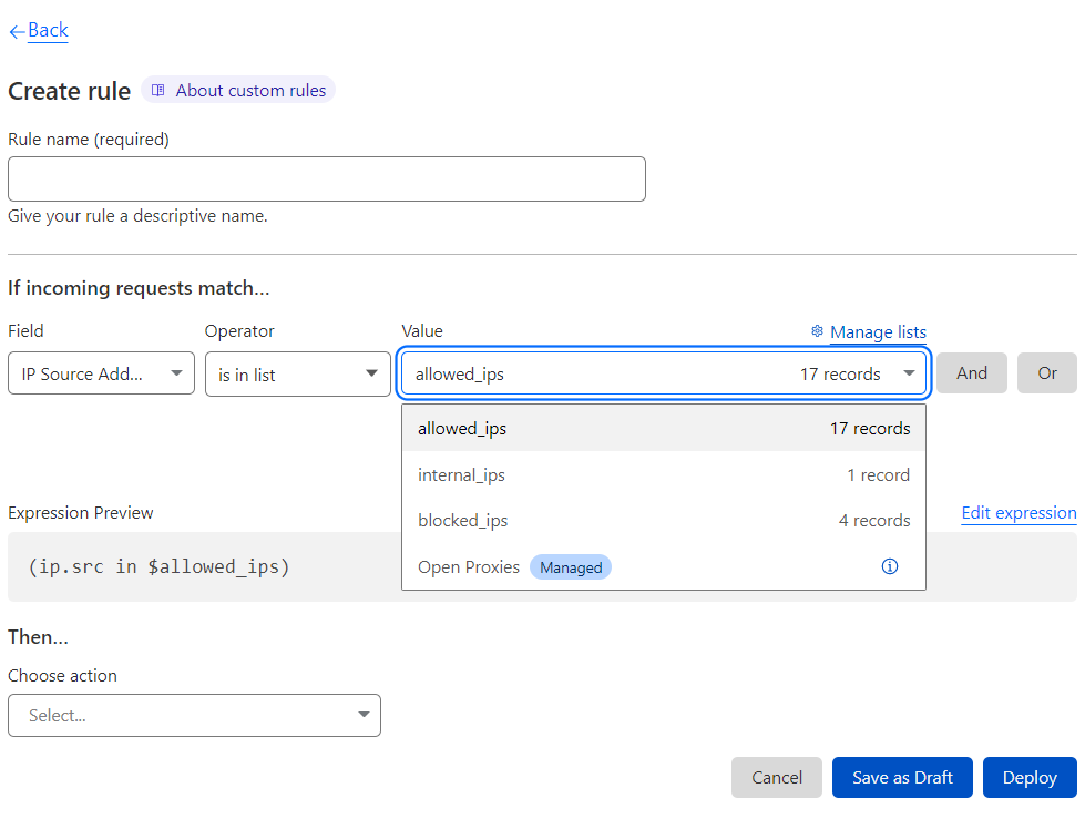 Selecting an IP List from the Value drop-down list when configuring the expression of a firewall rule