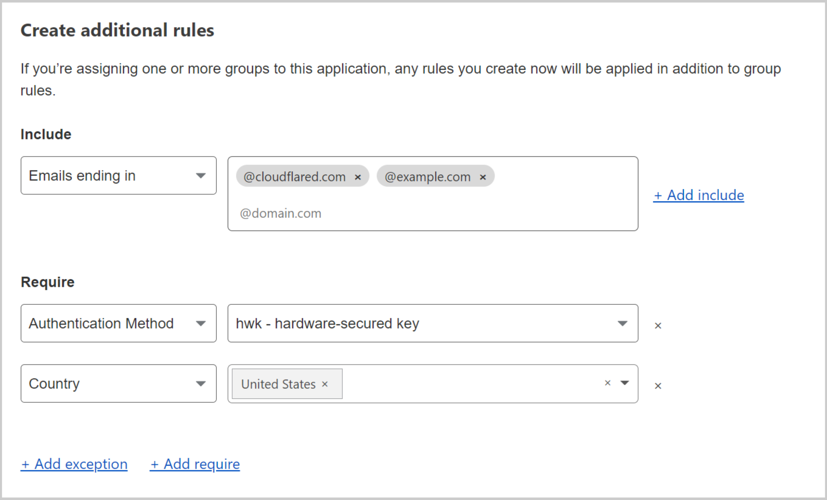 Example device enrollment rules requiring US-based users with hardware authentication keys