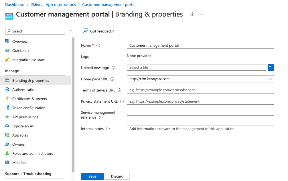 Customer Management portal fields and home page URL