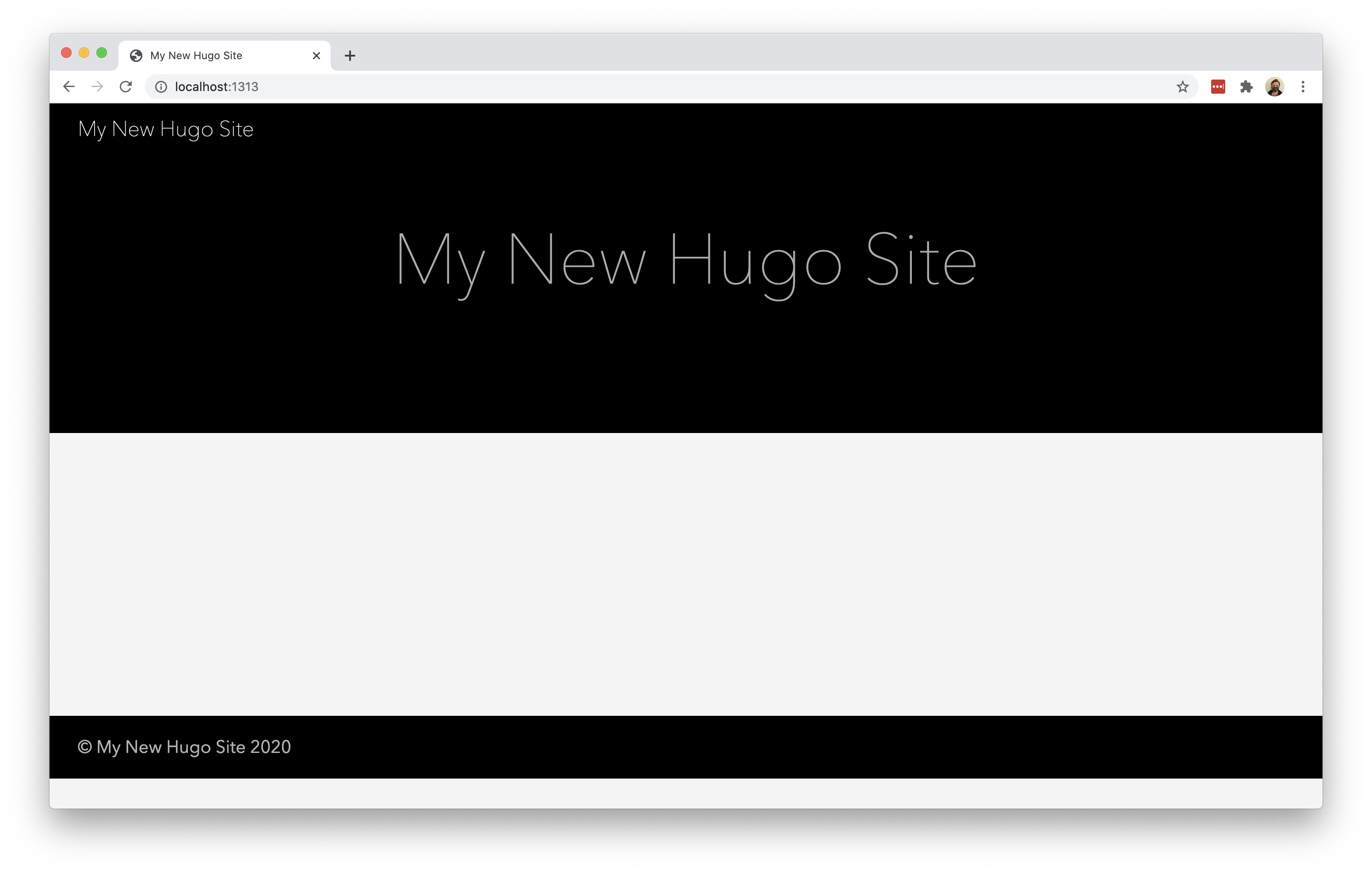 Hugo website page accessed with localhost:1333 in the URL bar.