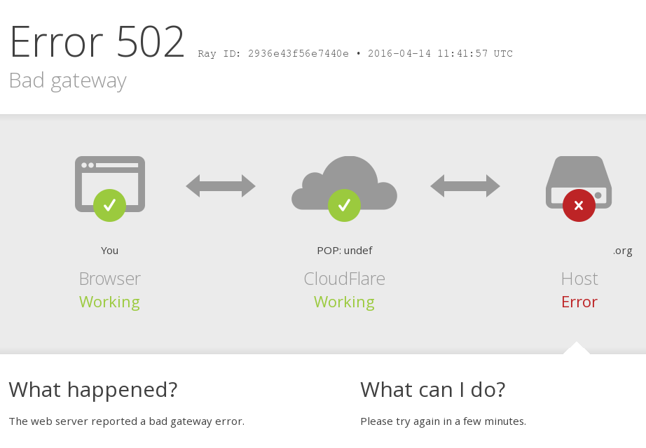 Cloudflare 브랜드가 있는 502 오류의 예