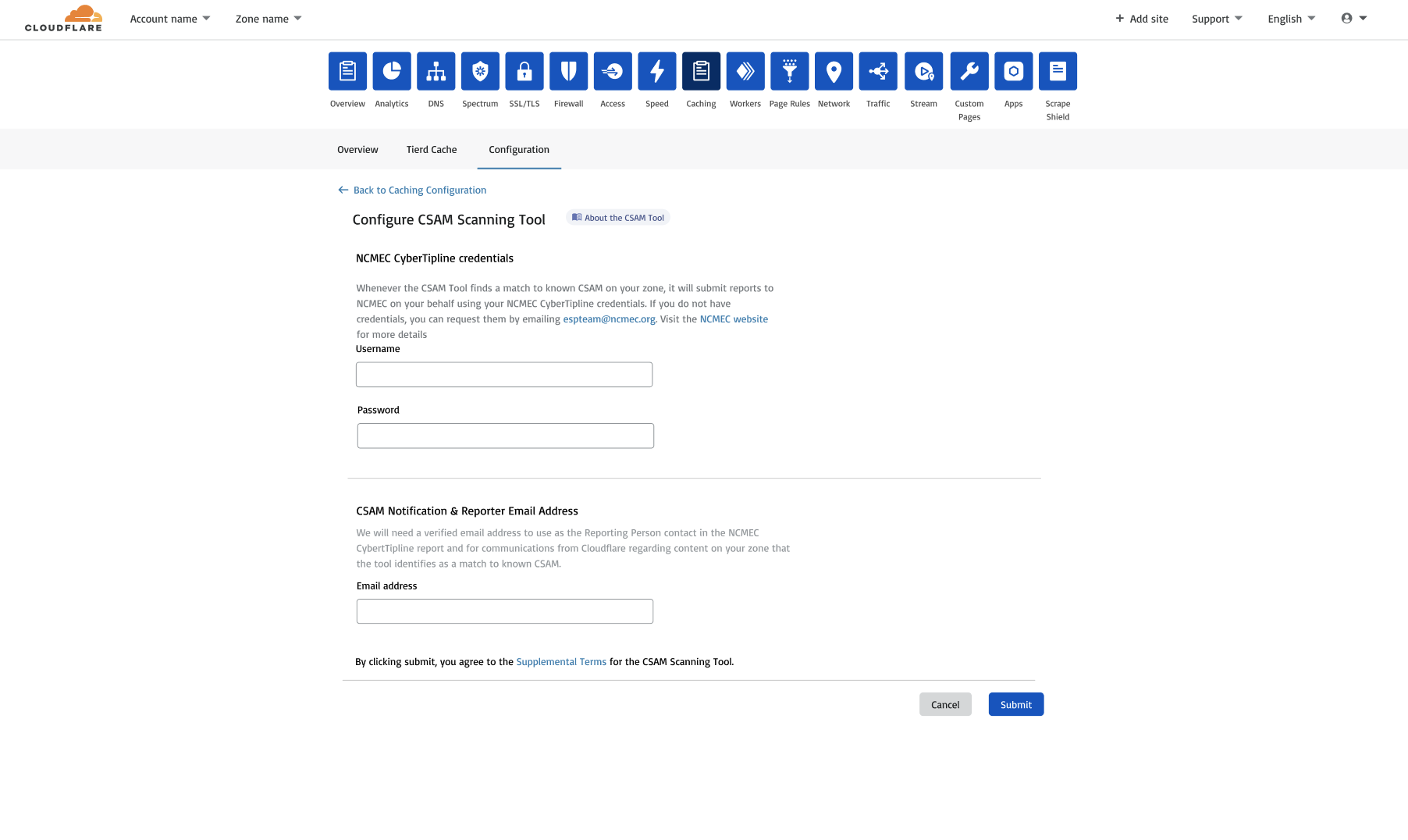 The Caching tab from the Cloudflare dashboard displaying the CSAM Scanning Tool configuration page.