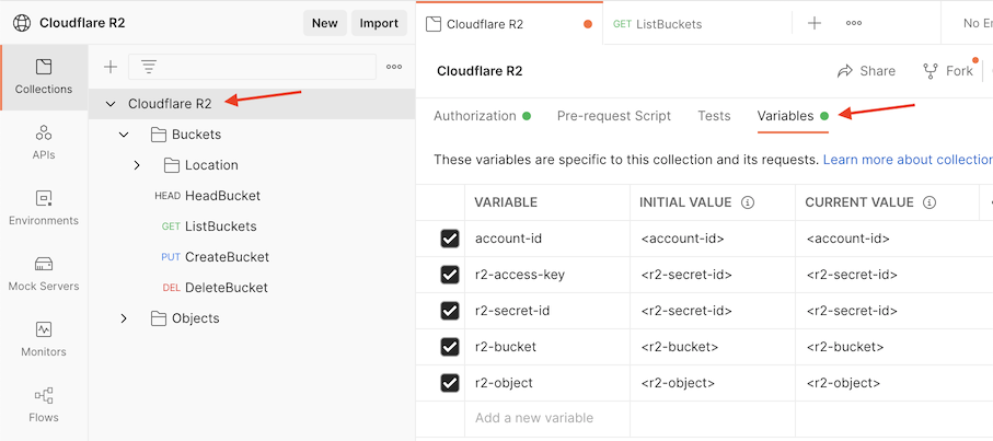 Select <strong>Variables</strong> in the Postman dashboard to continue with the example