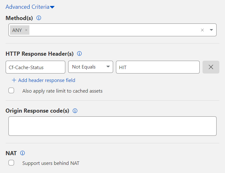 Champs disponibles lors de la configuration des critères avancés pour une règle Rate Limiting.