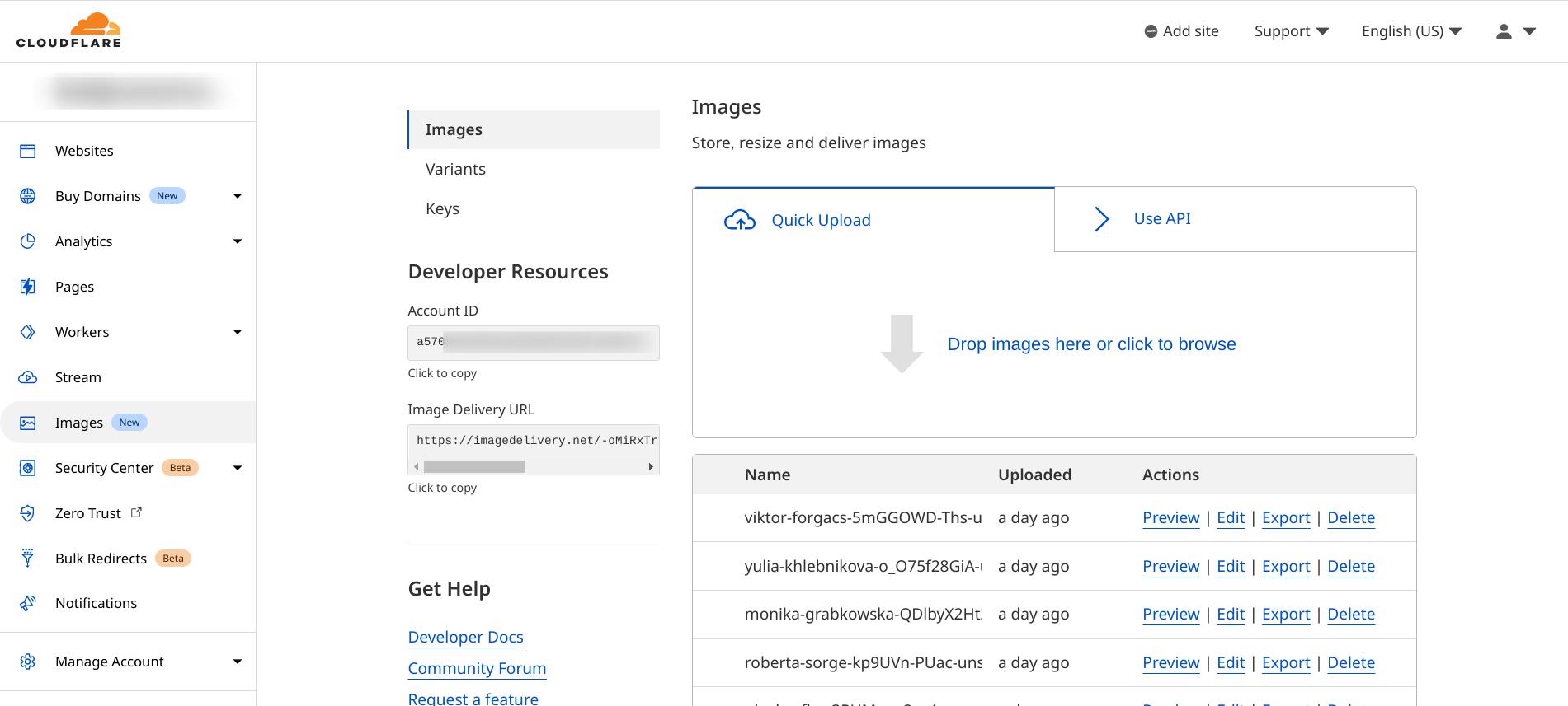 The Cloudflare Images dashboard.