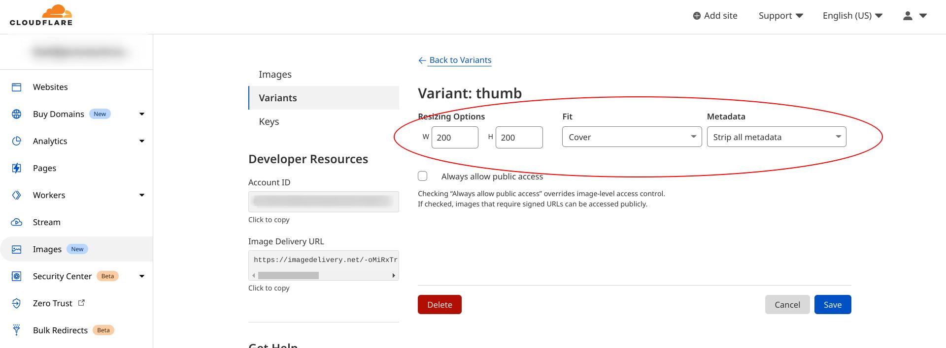 The settings for the &ldquo;thumb&rdquo; variant created in Cloudflare Images dash