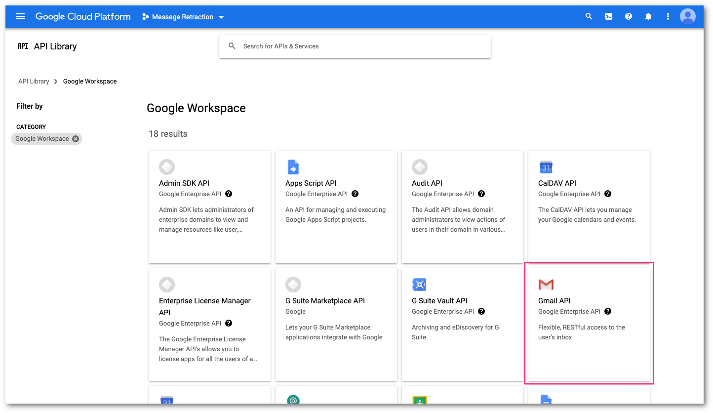Select the Gmail API